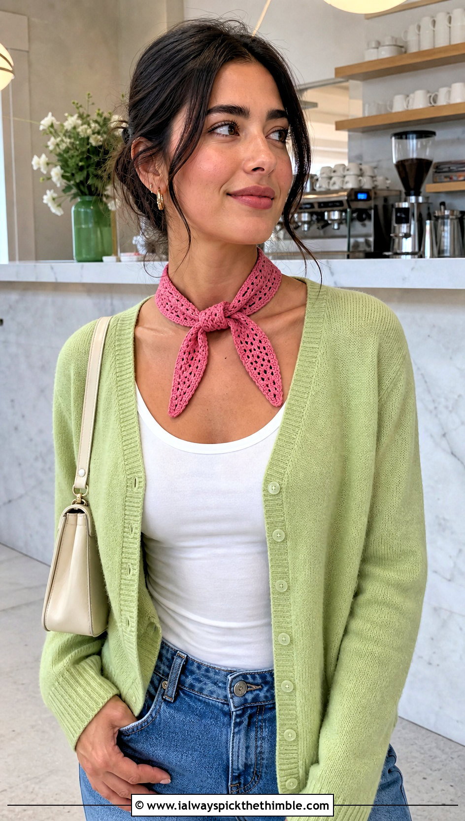 Tapered Mini Crochet Scarf With Cardigan - 25 crocheted scarf outfit ideas