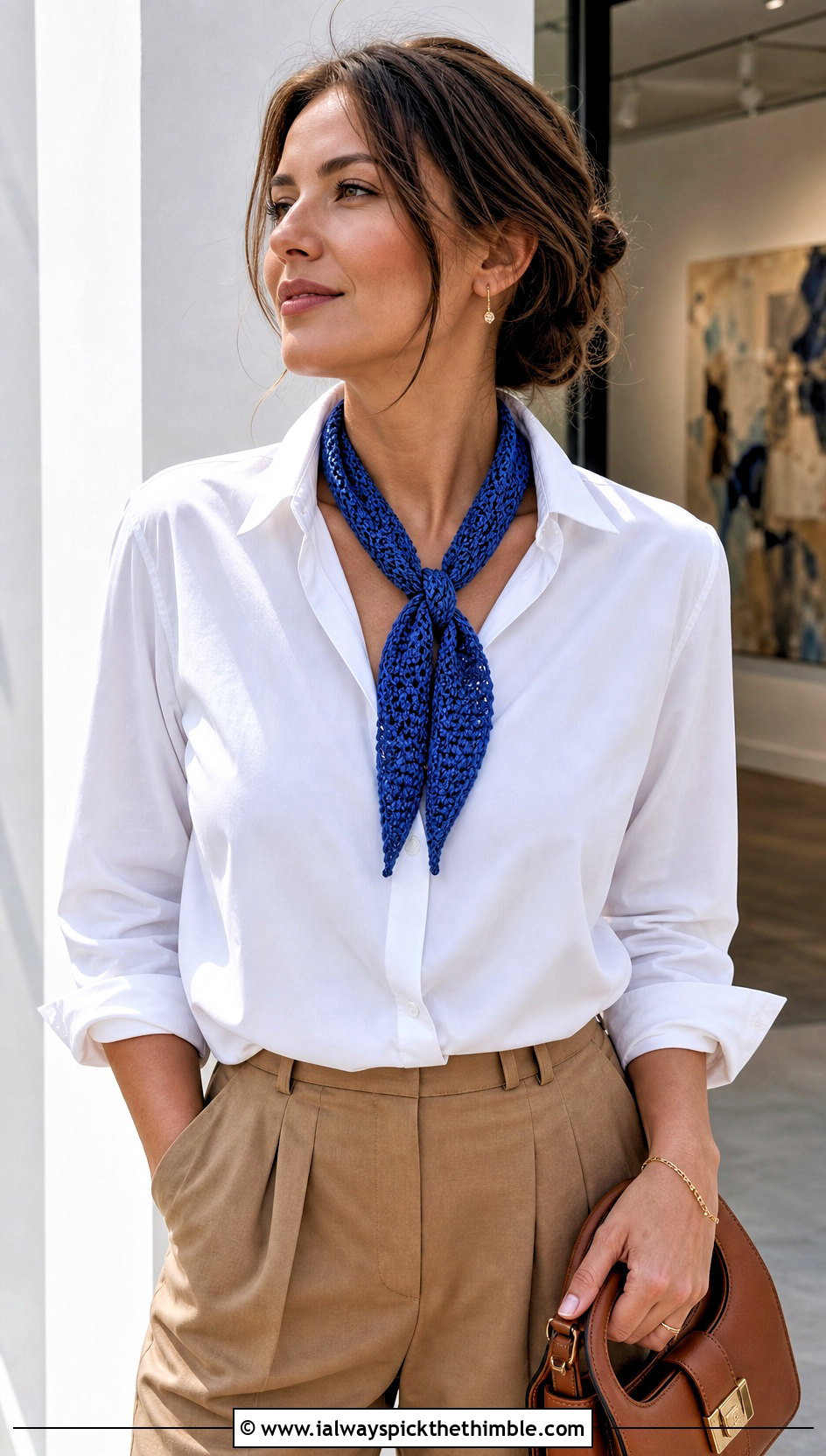 Tapered Mini Crochet Scarf With White Shirt - 20 wanderlust crochet scarf outfit ideas