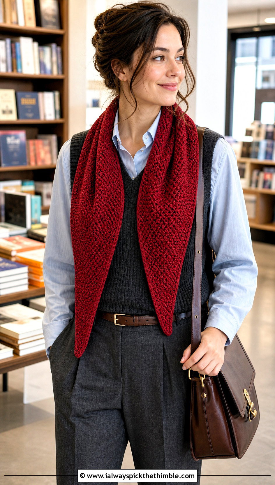 Tapered Moss Stitch Scarf With A Sweater Vest - 25 crochet moss stitch scarf outfit ideas