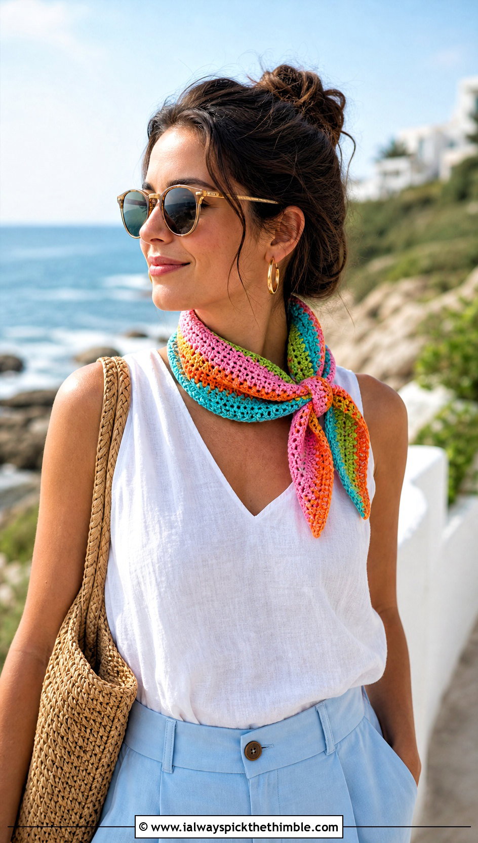 Tapered Neckerchief Mood Scarf With Linen Outfit - 15 Crochet Mood Scarf outfit ideas