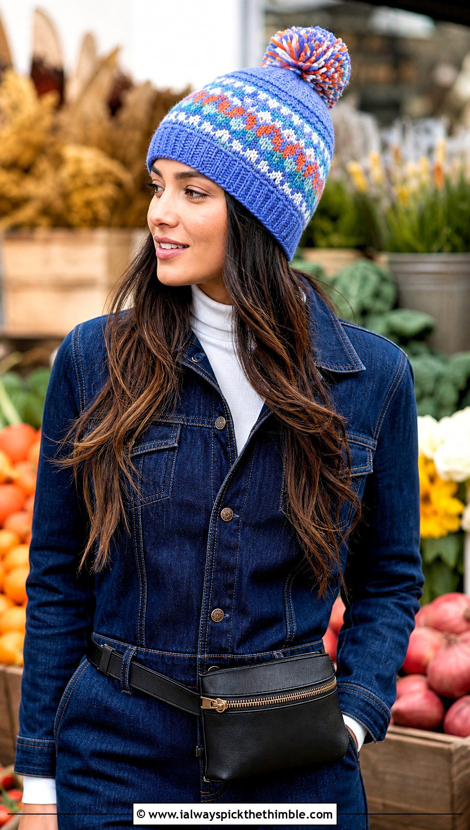 Tapered Pom Pom Fair Isle Beanie With Denim Jumpsuit - 20 Crochet Fair Isle Beanie outfit ideas