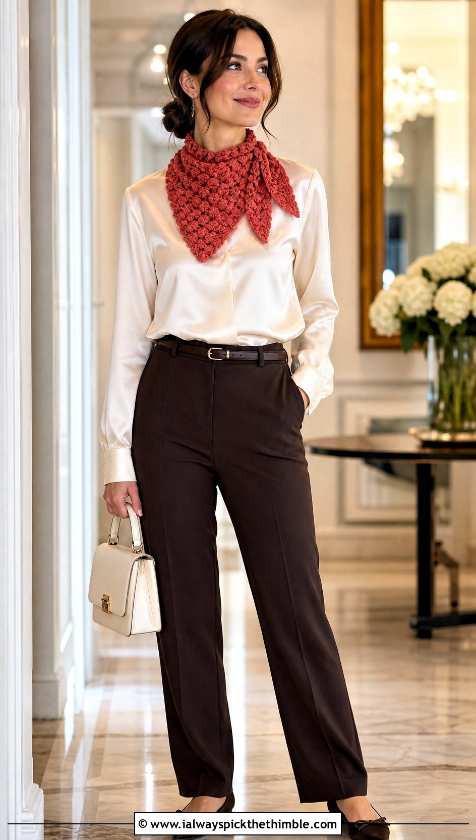 Tapered Popcorn Crochet Scarf With Satin Blouse - 20 Popcorn Crochet Scarf outfit ideas
