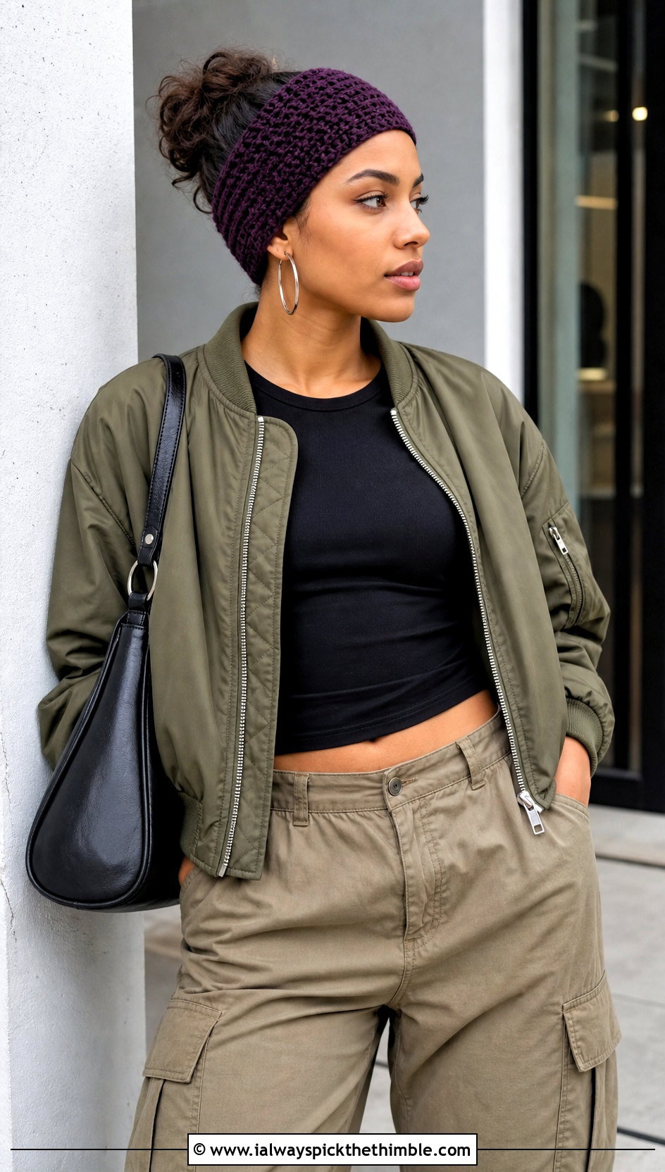 Tapered Ribbed Crochet Headband With Bomber Jacket - 15 Cozy Ribbed Crochet Headband outfit ideas