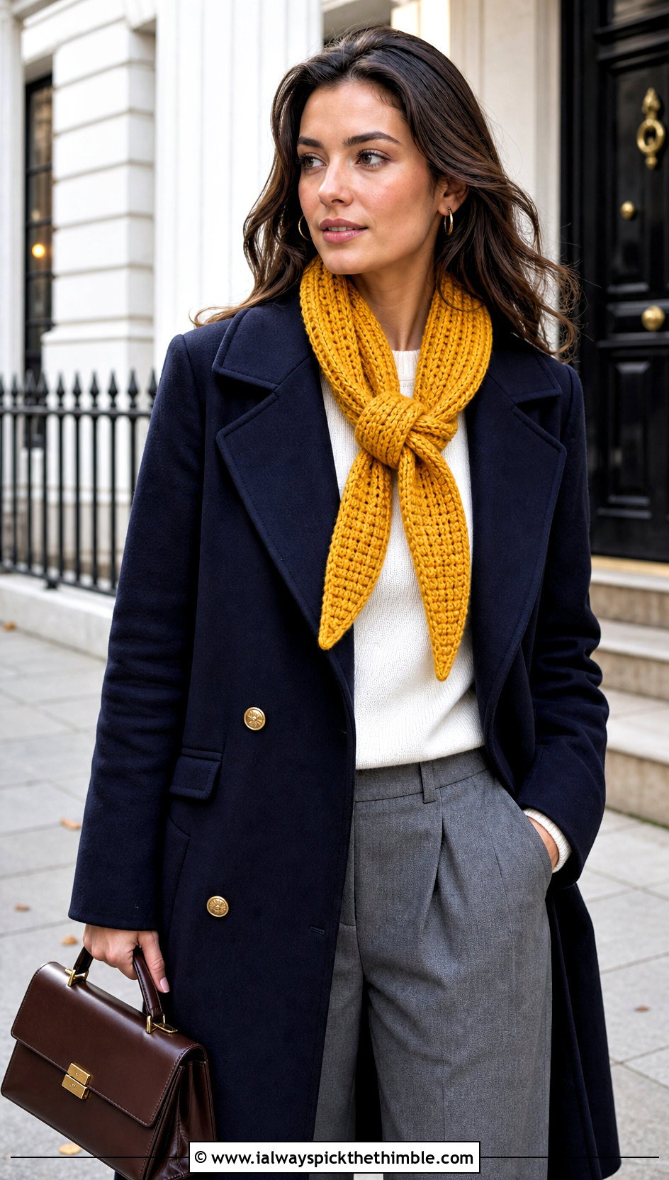 Tapered Ribbed Crochet Scarf With Pea Coat - 20 Ribbed Crochet Scarf outfit ideas