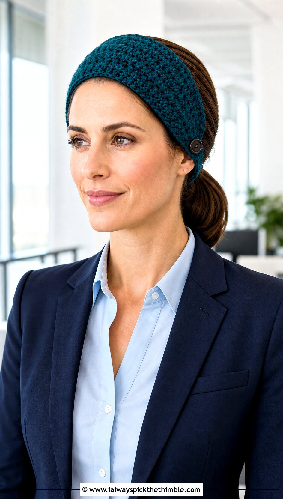 Tapered Side Button Crochet Headband With Blazer And Trousers - 15 Crochet Button Headband outfit ideas