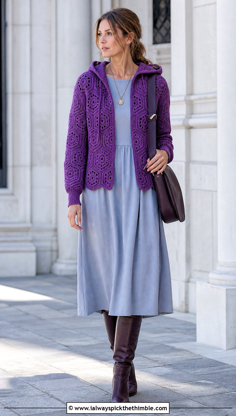 Tapered Sleeve Crochet Hexagon Hoodie With Midi Dress - 20 crochet hexagon hoodie outfit ideas