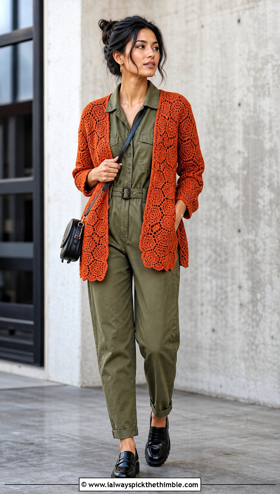 Tapered Sleeve Solid Hexagon Cardigan With Utility Jumpsuit - 20 crochet solid hexagon cardigan outfit ideas