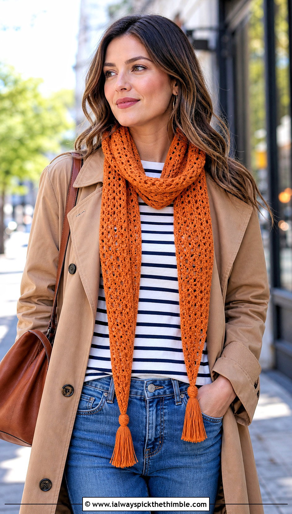 Tapered Tassel Crochet Scarf With Trench Coat And Loafers - 15 Light Weight Crochet Scarf outfit ideas