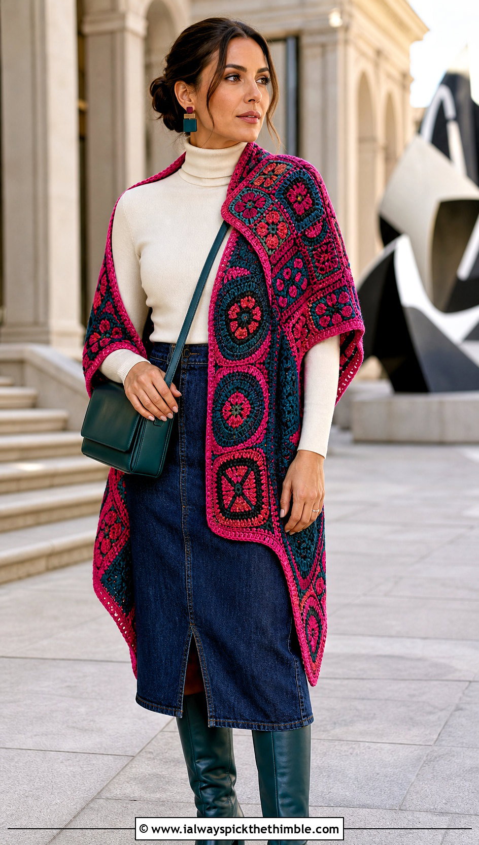 Tapestry Asymmetrical Crochet Shawl With Denim Midi Skirt - 20 asymmetrical crochet shawl outfit ideas
