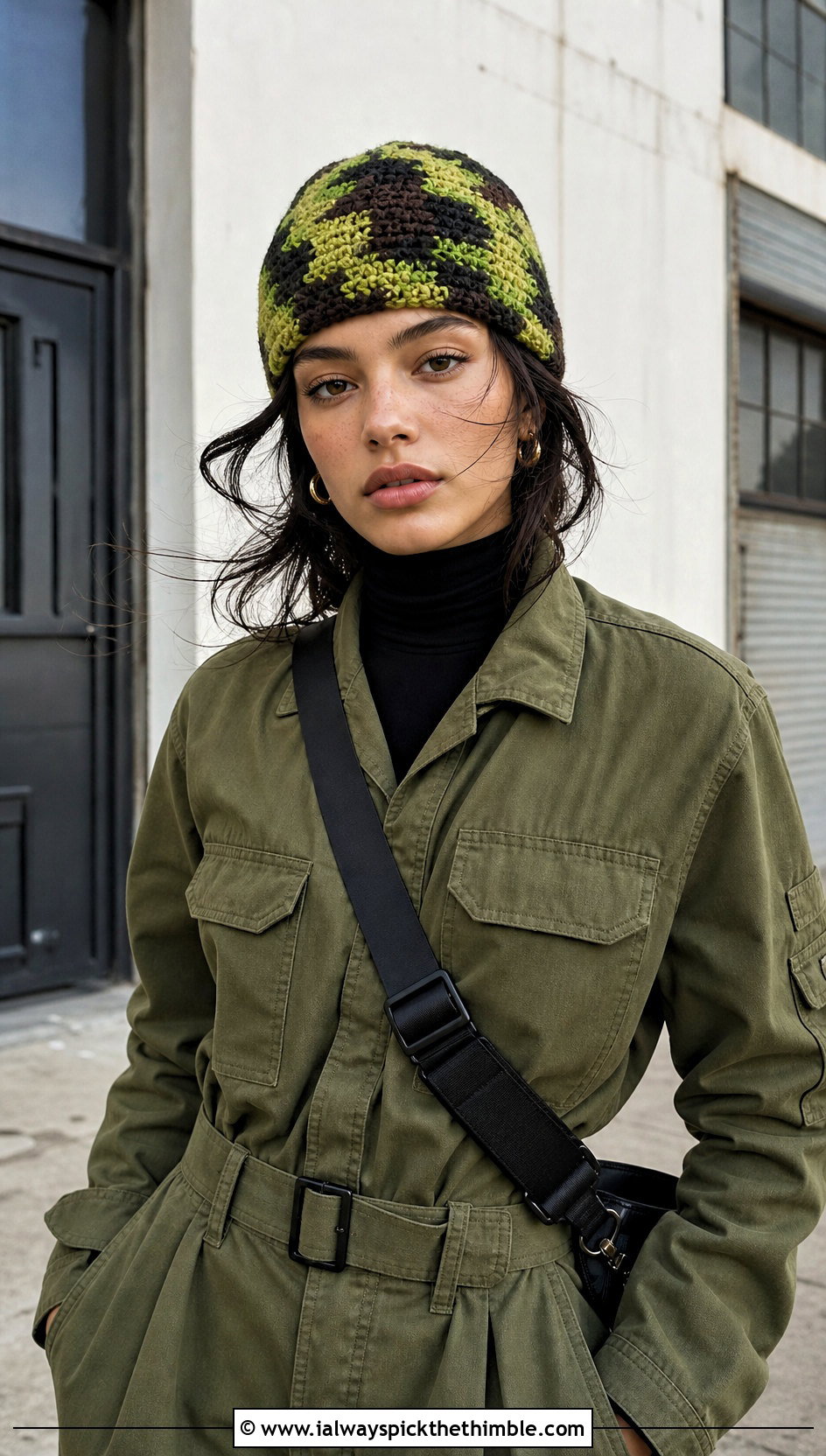 Tapestry Camo Crochet Beanie With Utility Jumpsuit - 20 Camo Beanie Crochet Hat outfit ideas