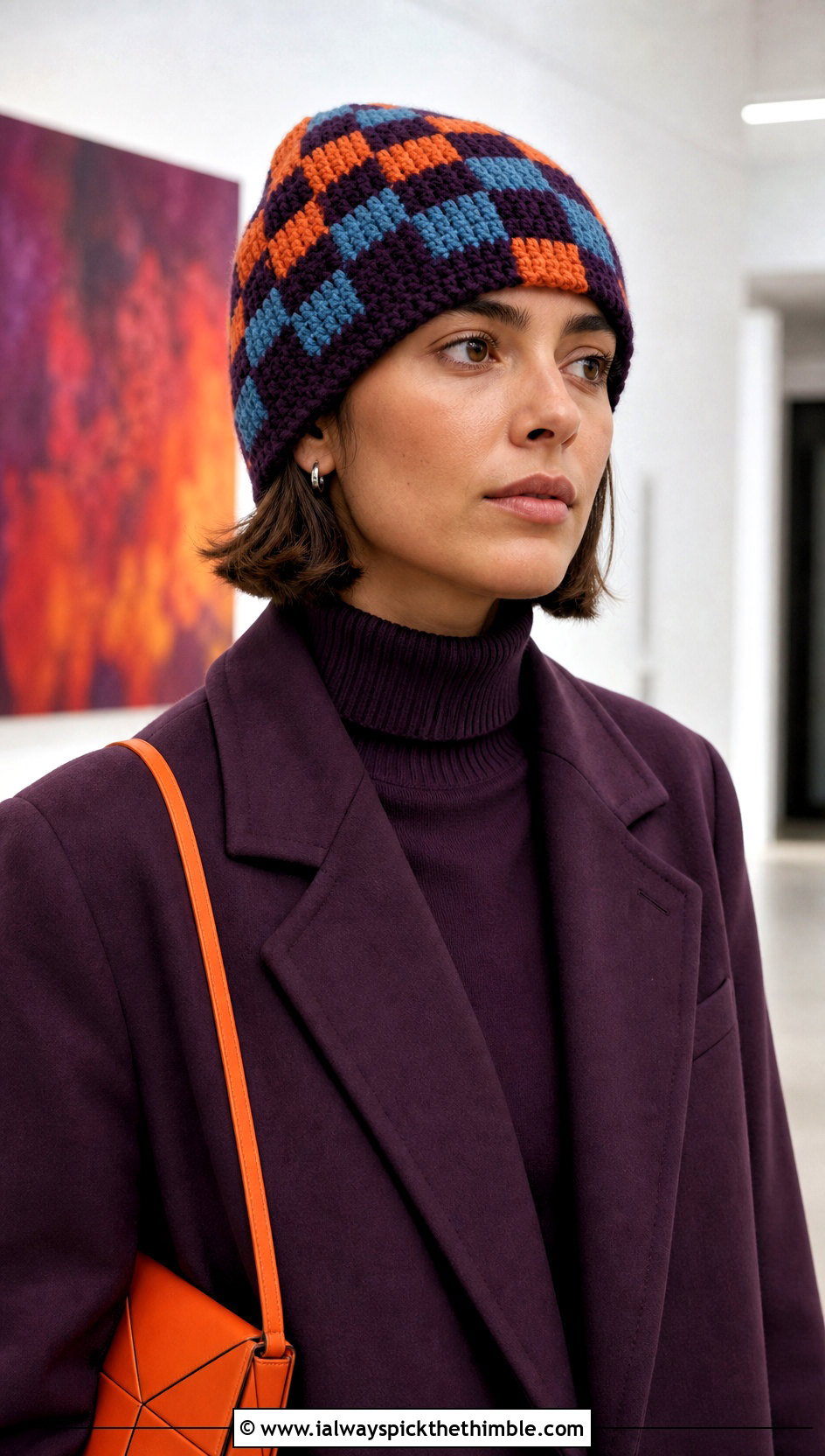 Tapestry Checkered Beanie With Monochrome Outfit - 25 crochet checkered beanie outfit ideas