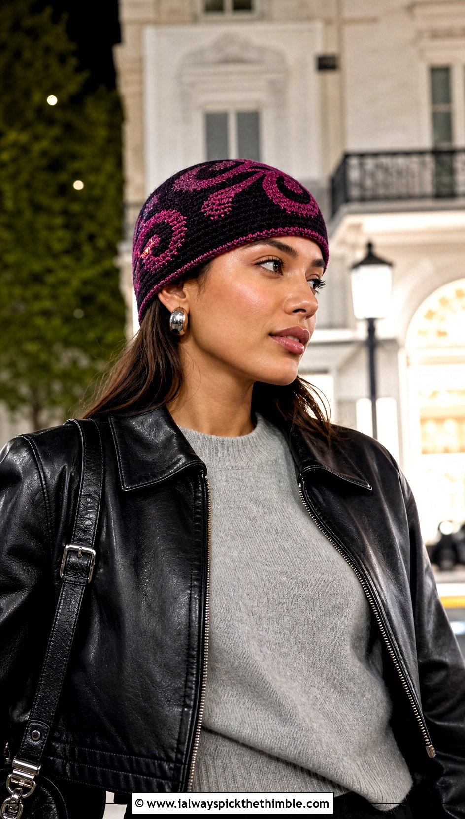 Tapestry Crochet Basketball Beanie With Leather Jacket - 20 crochet basketball hat outfit ideas