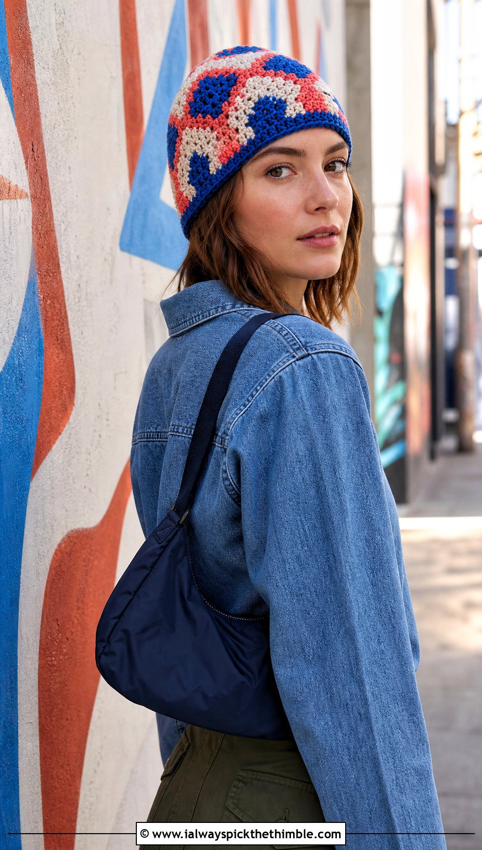 Tapestry Crochet Beanie With Denim Shirt And Cargo Skirt - 25 easy crochet beanie womens outfit ideas