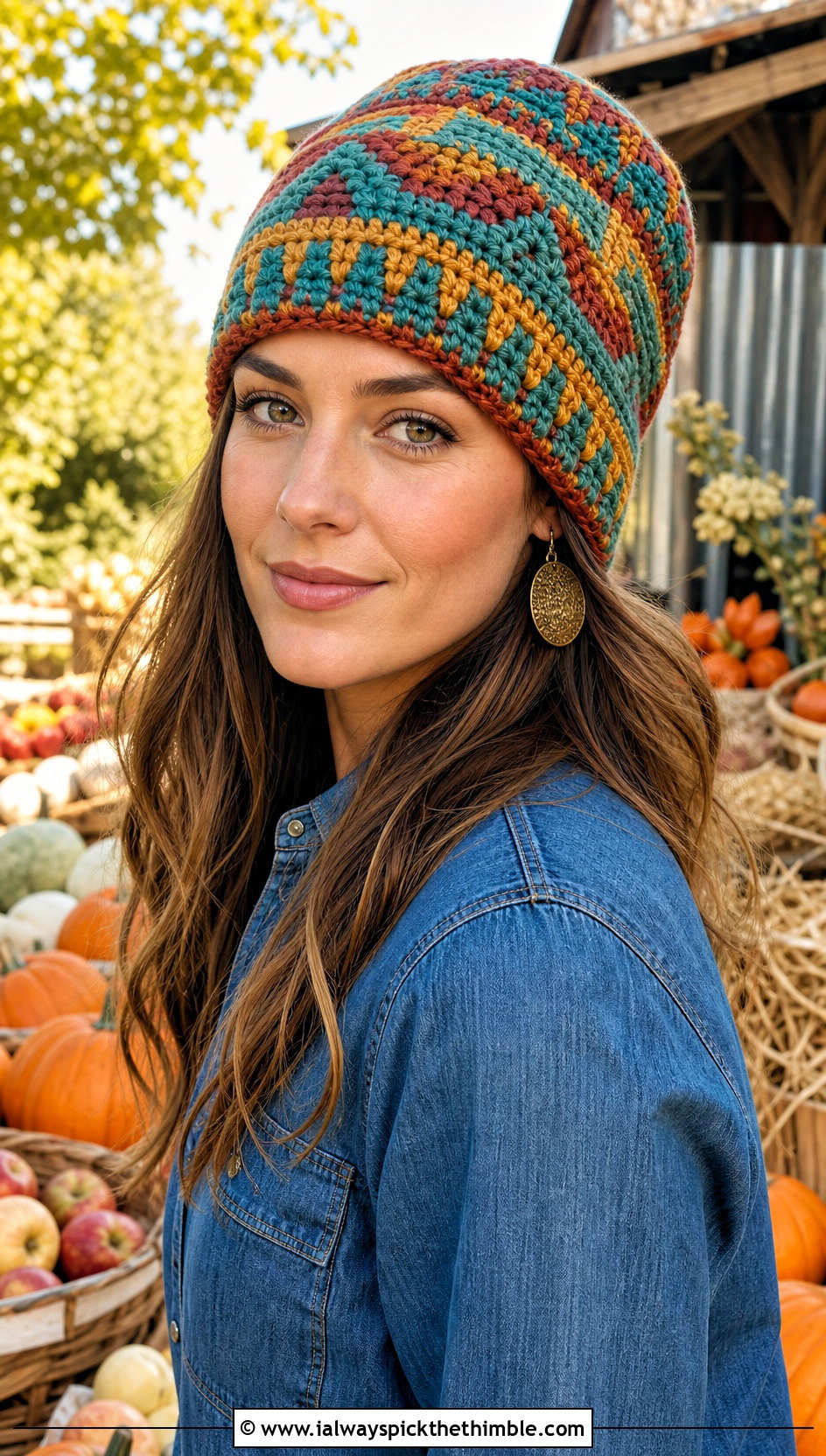 Tapestry Crochet Beanie With Denim Shirt And Corduroy Pants - 20 Women Crochet Beanie outfit ideas