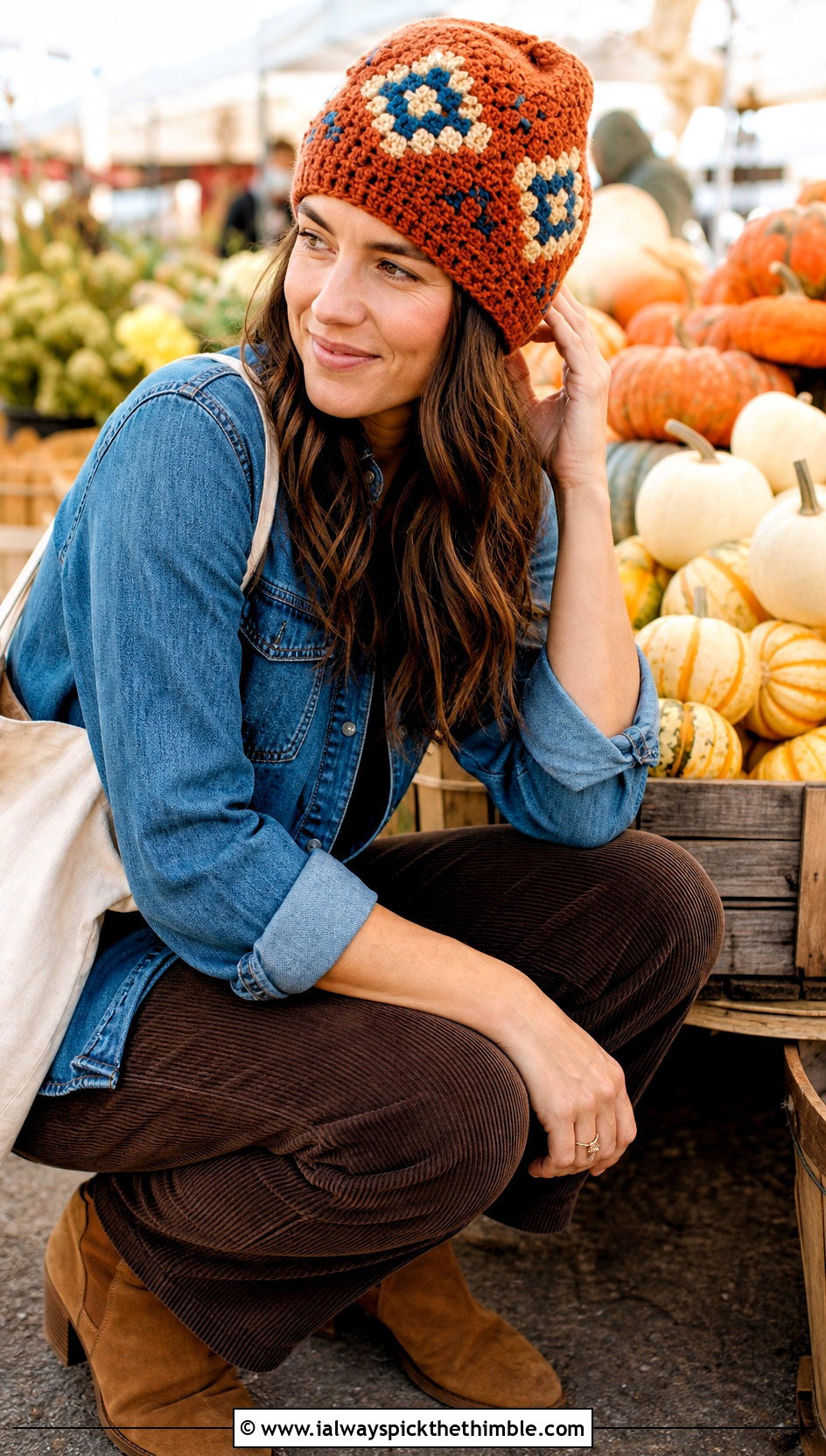 Tapestry Crochet Beanie With Denim Shirt And Corduroy Pants - 20 easy crochet beanies outfit ideas