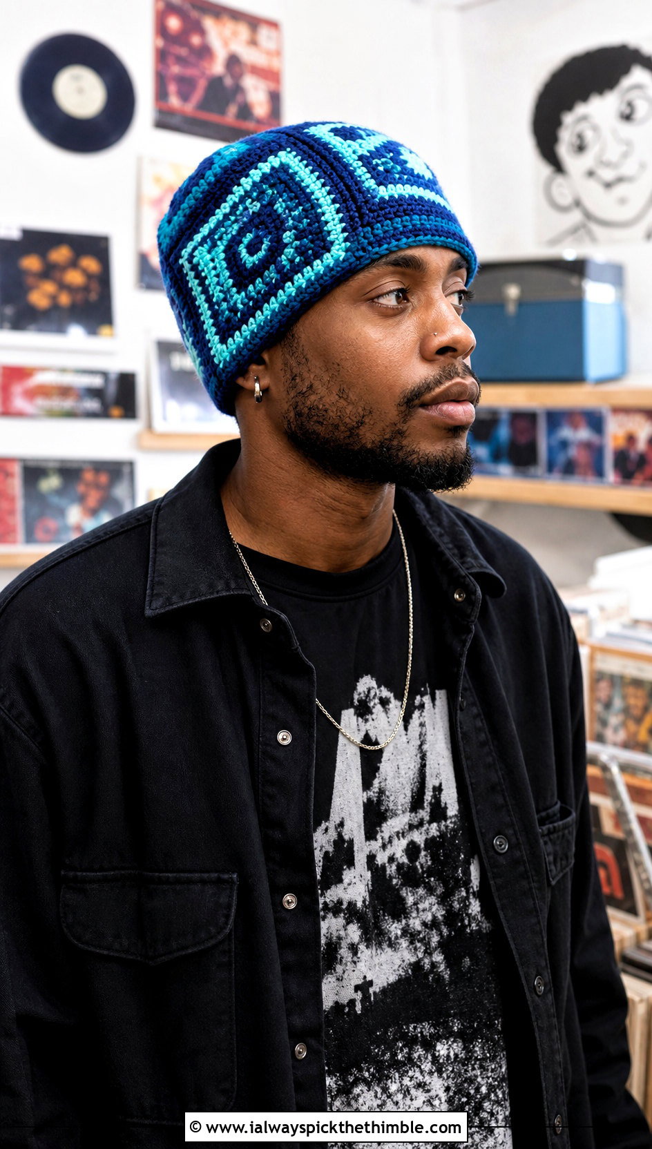 Tapestry Crochet Beanie With Graphic T Shirt - 25 crochet hats for men outfit ideas