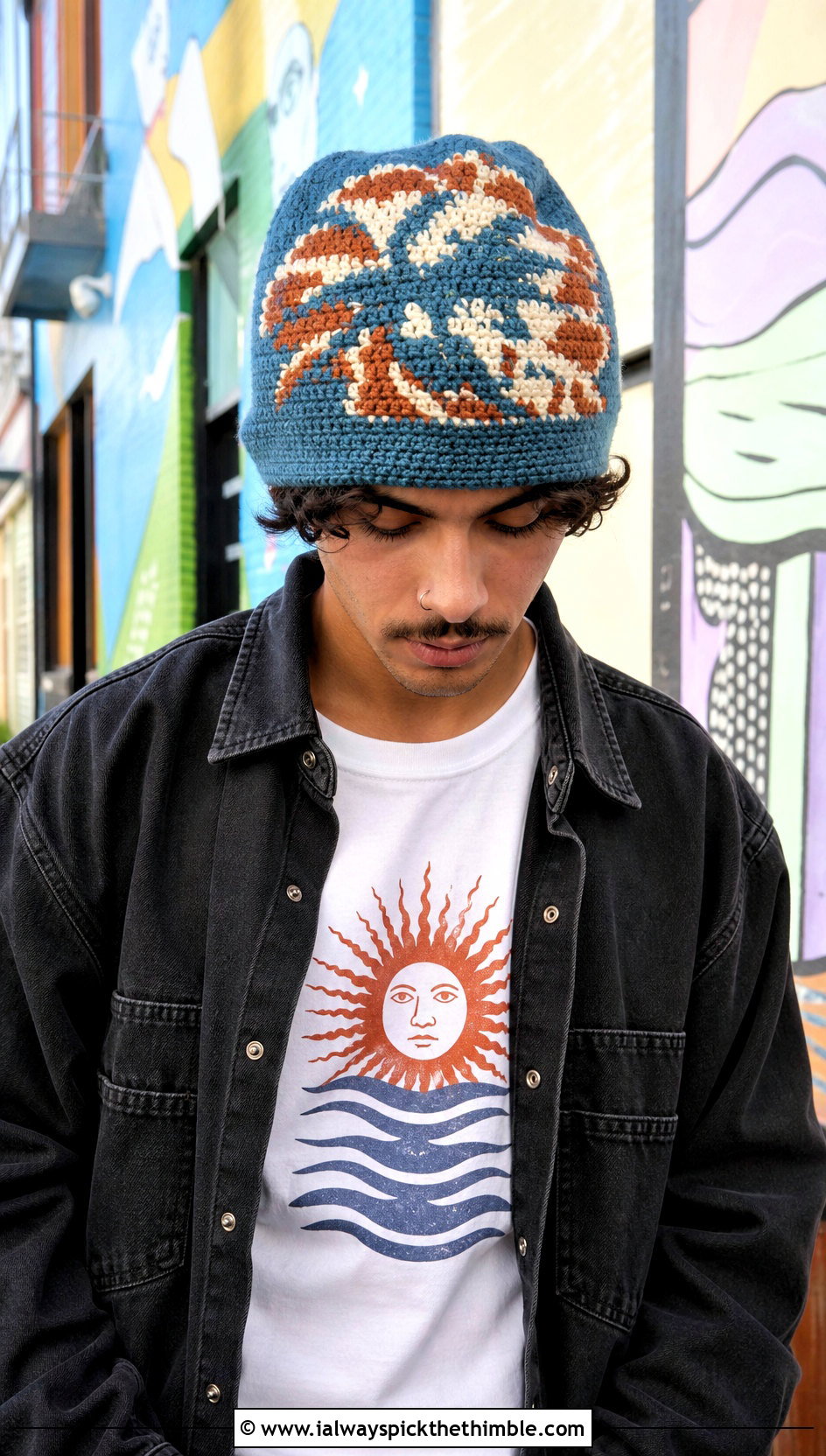 Tapestry Crochet Beanie With Graphic T Shirt - 25 mens crochet hats outfit ideas
