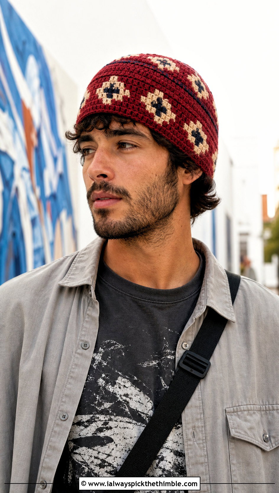 Tapestry Crochet Beanie With Graphic T Shirt And Utility Pants - 20 men crochet hat outfit ideas