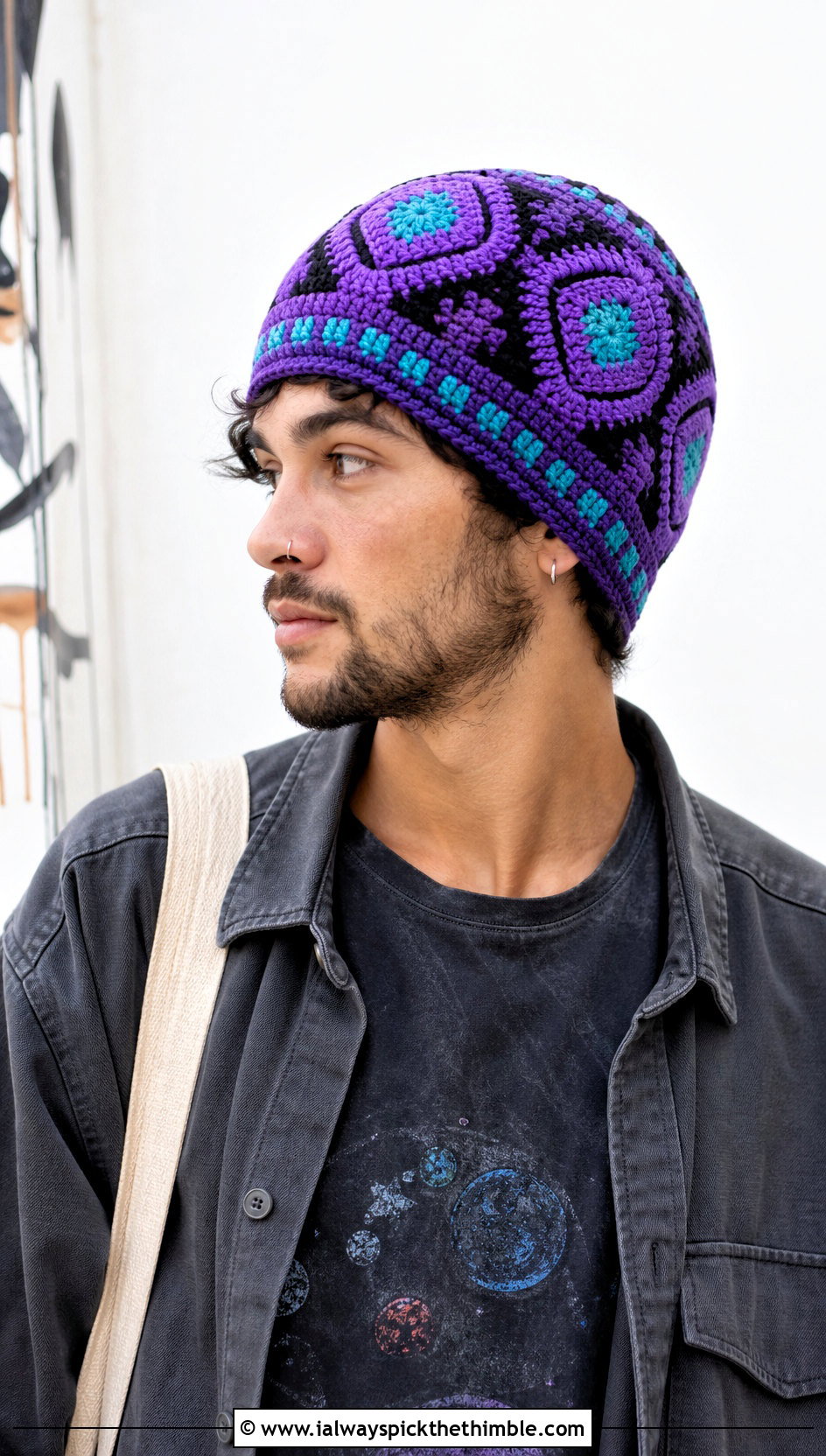 Tapestry Crochet Beanie With Graphic T Shirt - 15 men's crochet beanies outfit ideas