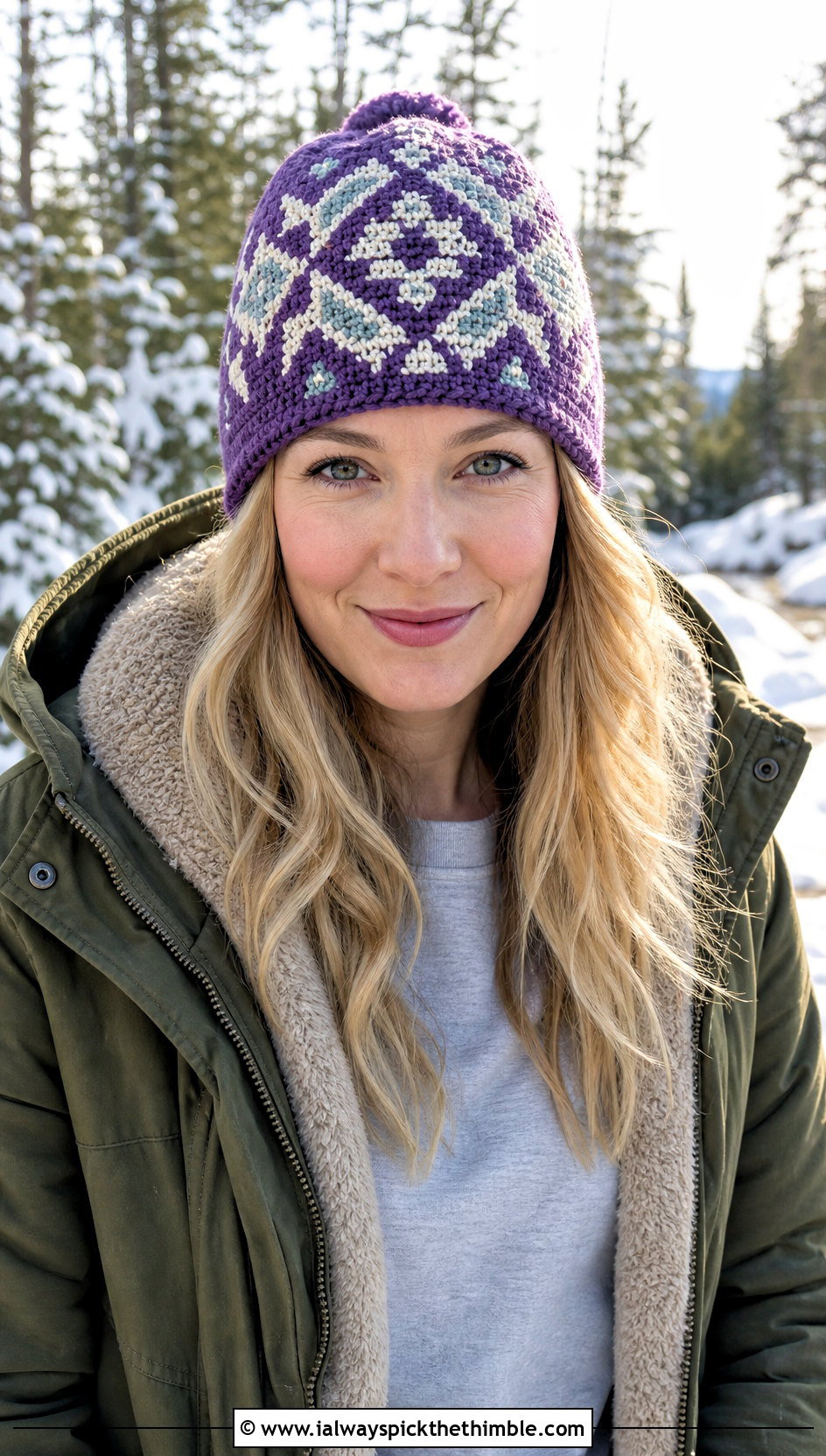 Tapestry Crochet Beanie With Parka And Cargo Jeans - 20 winter crochet beanie outfit ideas
