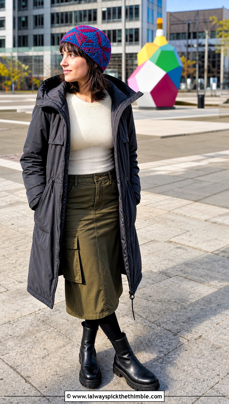 Tapestry Crochet Beanie With Parka And Cargo Skirt - 25 basic crochet beanie outfit ideas