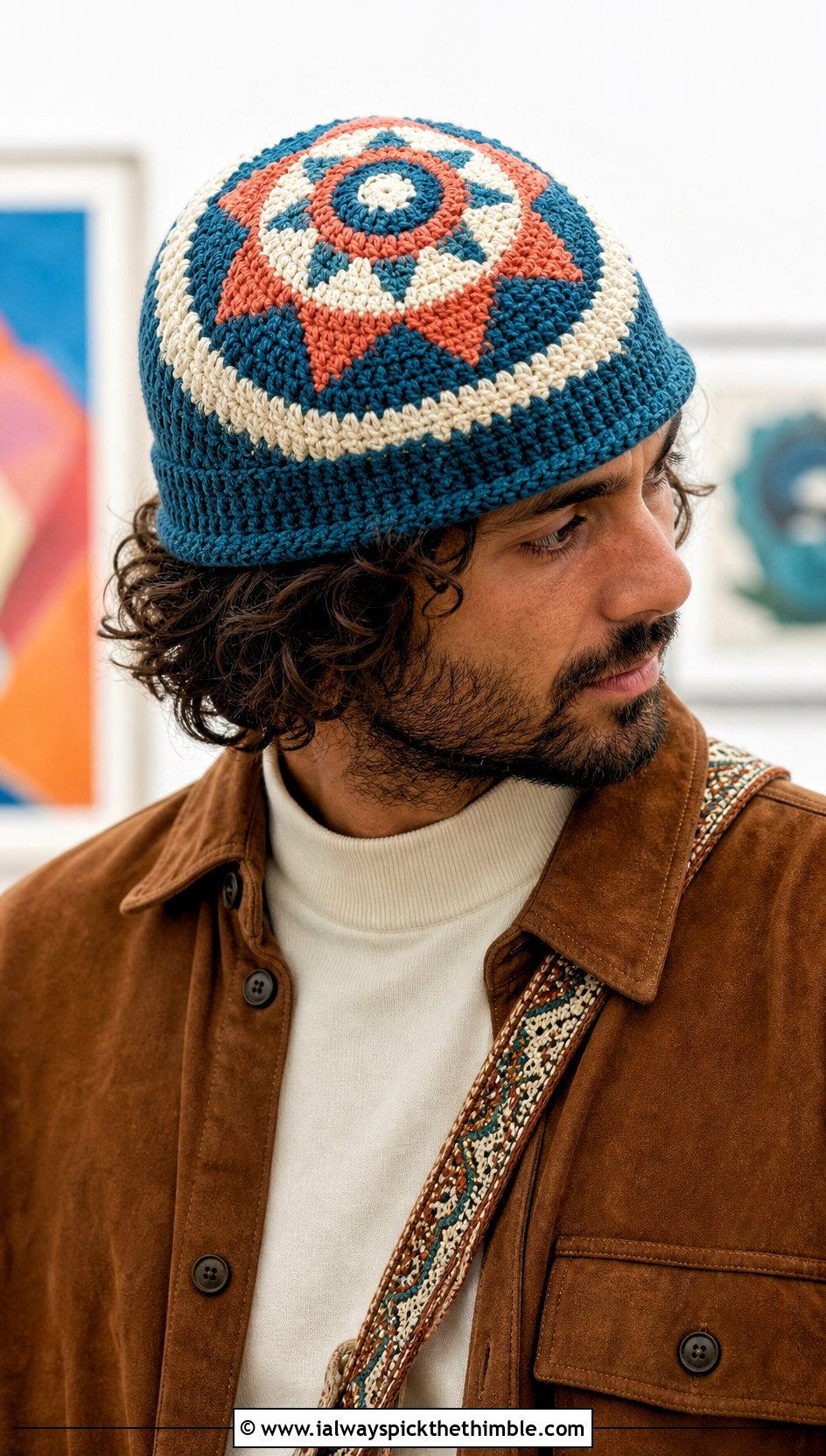 Tapestry Crochet Beanie With Suede Overshirt - 20 crochet for men's beanies outfit ideas