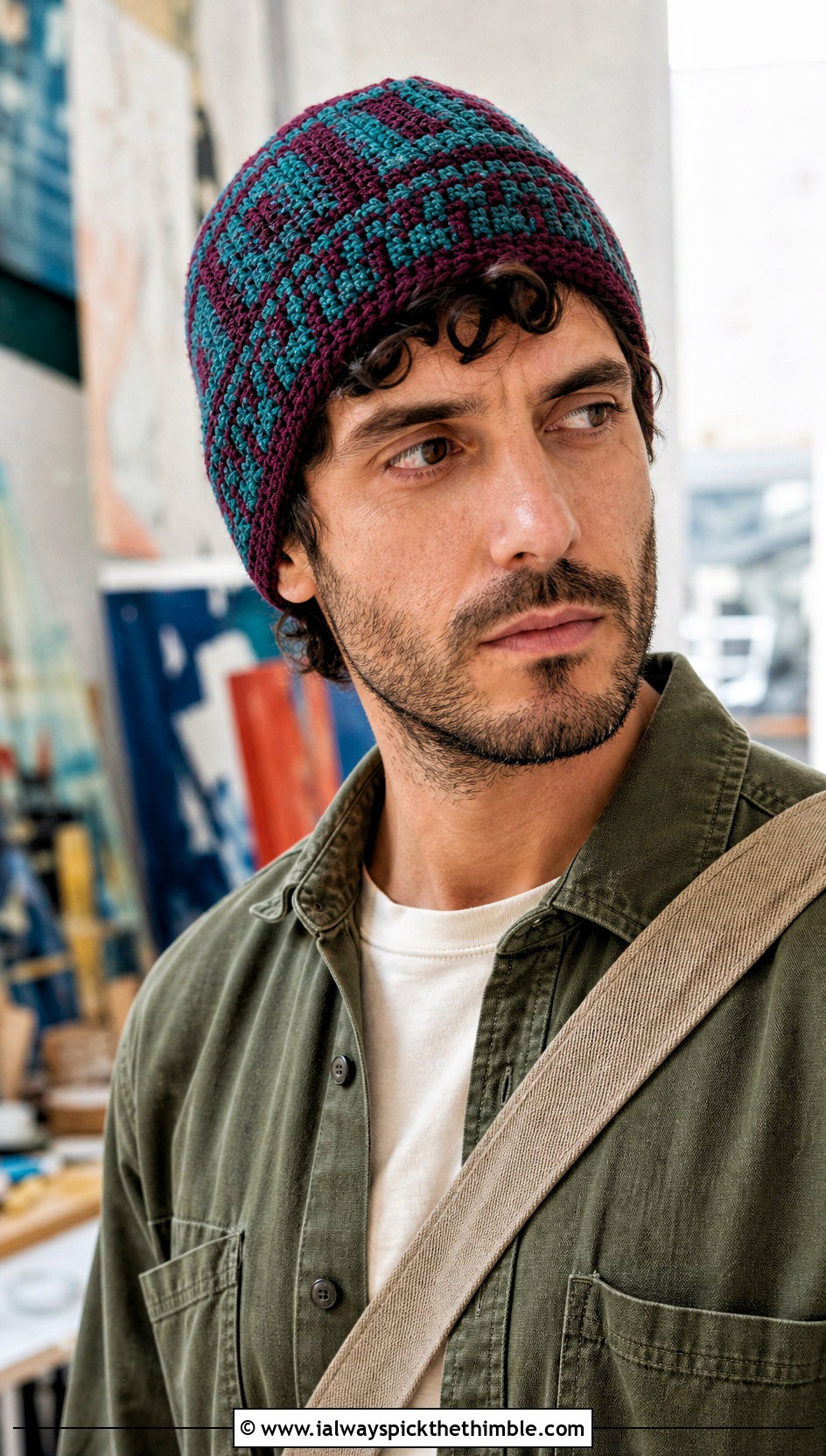 Tapestry Crochet Beanie With Utility Overshirt - 20 crocheted mens hats outfit ideas