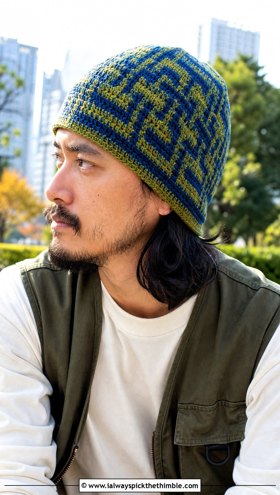 Tapestry Crochet Beanie With Utility Vest - 25 men's crochet beanie outfit ideas