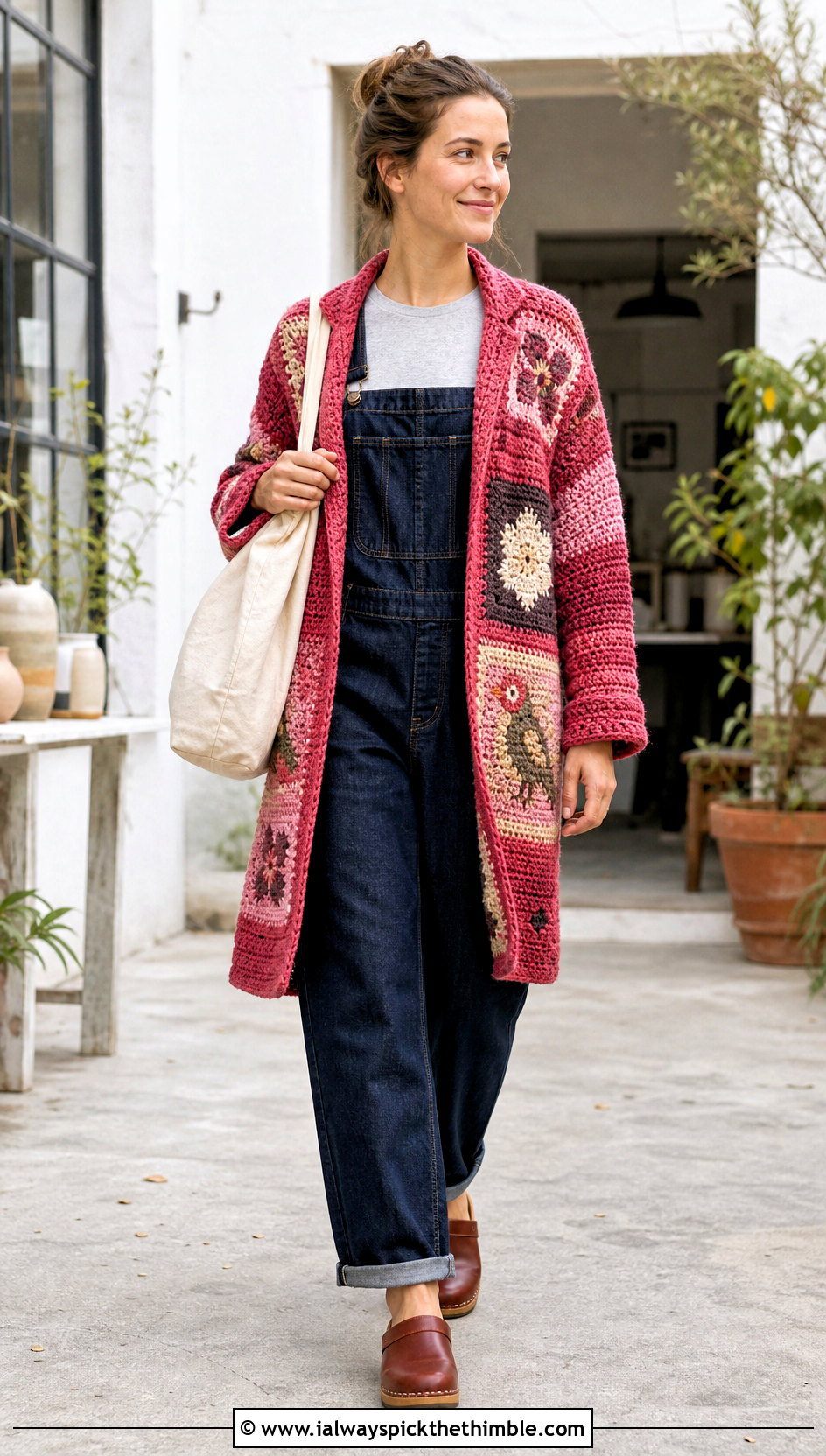 Tapestry Crochet Blanket Cardigan With Denim Overalls - 25 crochet blanket cardigan outfit ideas