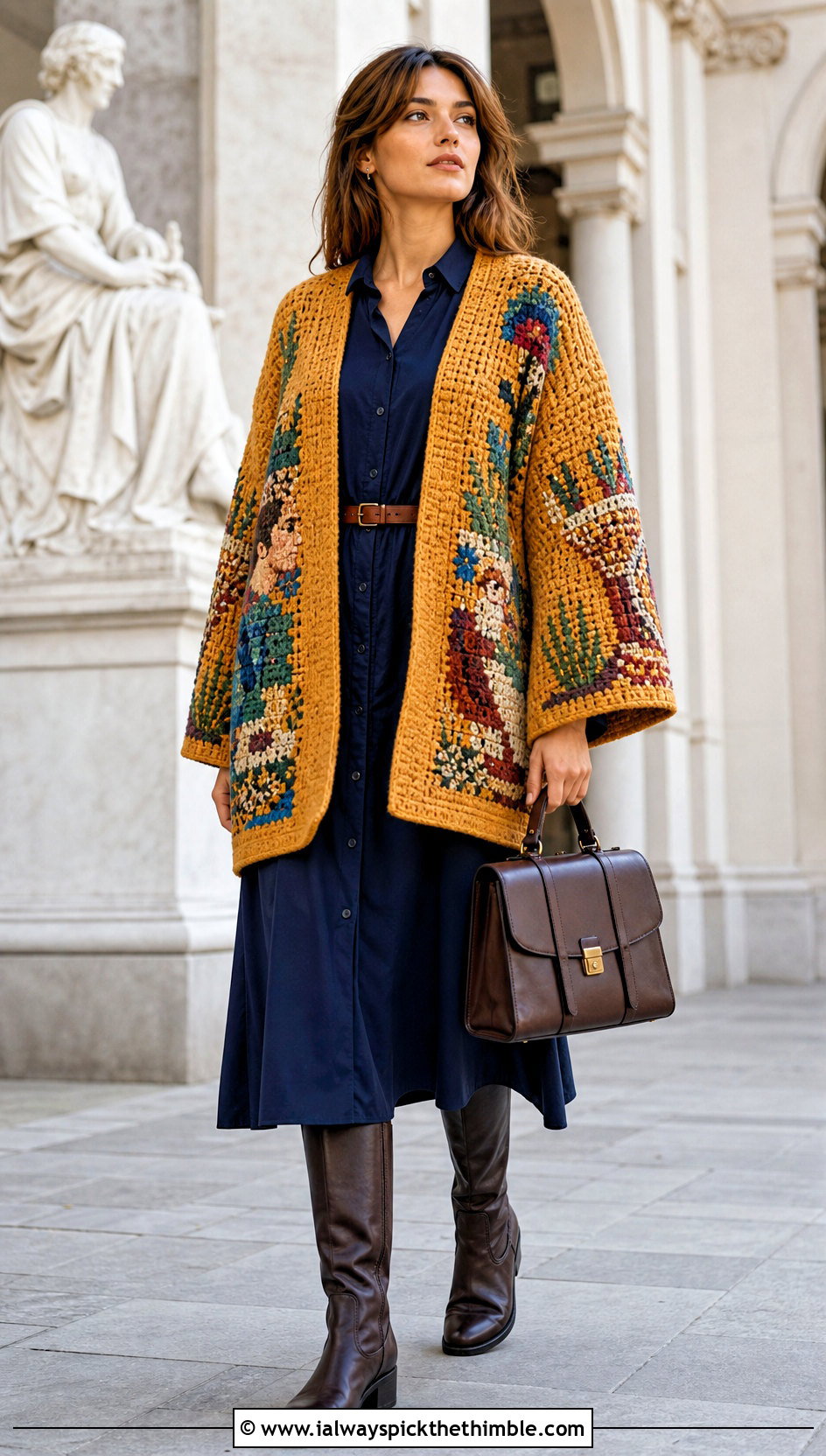 Tapestry Crochet Blanket Sweater With a Shirt Dress - 20 crochet blanket sweater outfit ideas