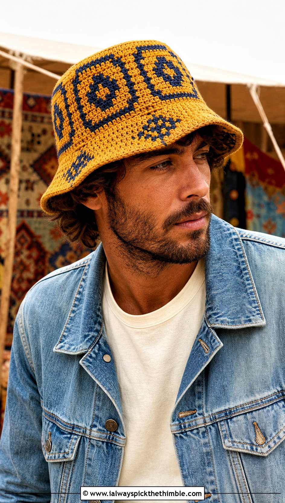 Tapestry Crochet Bucket Hat With Denim Jacket And Jeans - 20 crochet bucket hat men outfit ideas