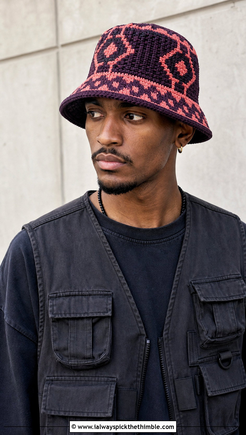 Tapestry Crochet Bucket Hat With Monochrome Streetwear - 15 Crochet Men's Hats outfit ideas