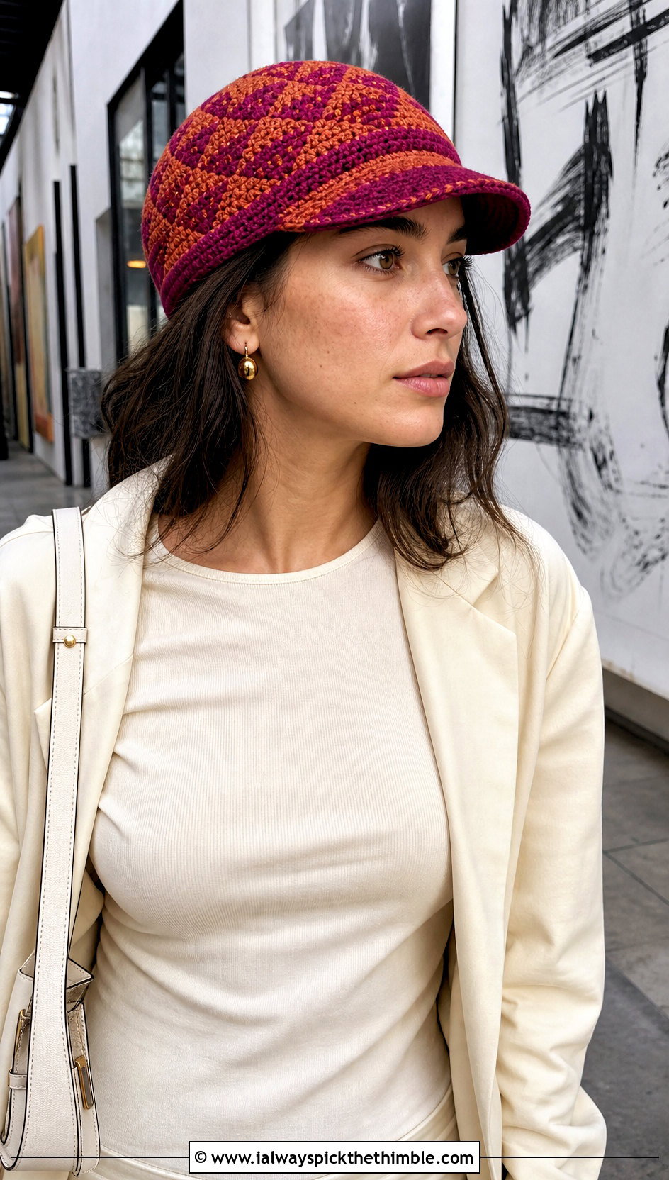 Tapestry Crochet Cap With Monochrome Outfit - 25 crocheted hats outfit ideas