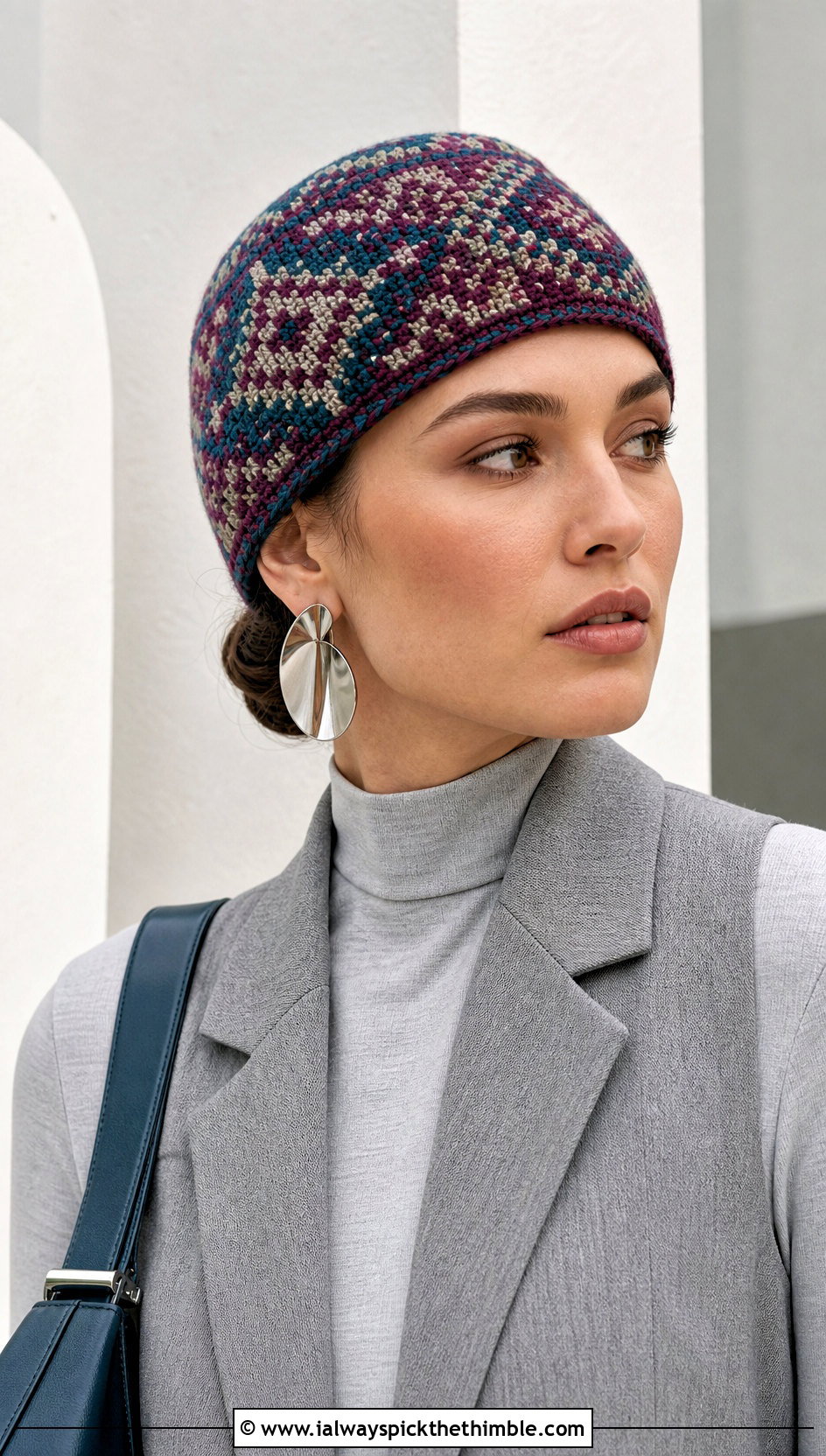 Tapestry Crochet Cap With Monochrome Outfit - 25 crochet caps outfit ideas