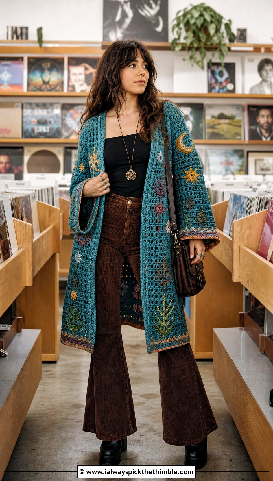 Tapestry Crochet Cardigan With Corduroy Flares - 20 witchy crochet cardigan outfit ideas