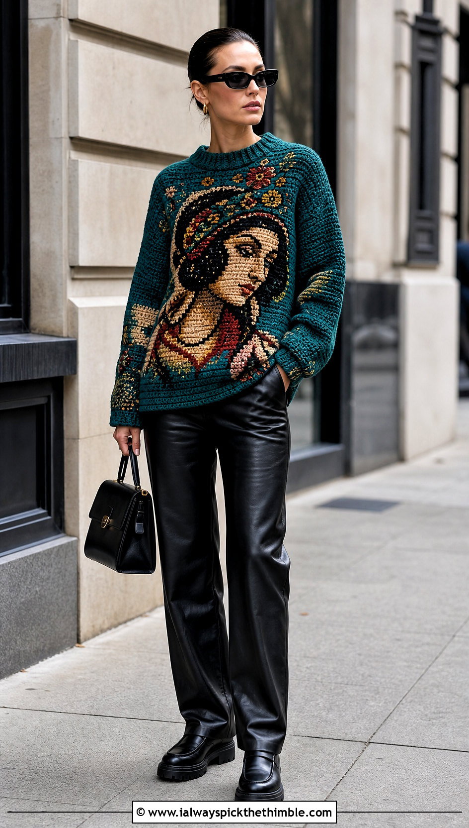 Tapestry Crochet Character Sweater With Leather Pants - 20 Crochet Character Sweater outfit ideas