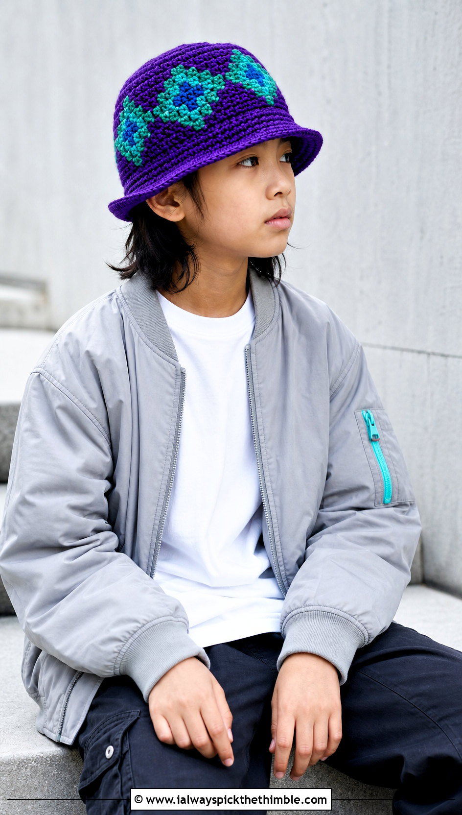 Tapestry Crochet Childs Bucket Hat With Bomber Jacket - 20 crochet childs hat outfit ideas