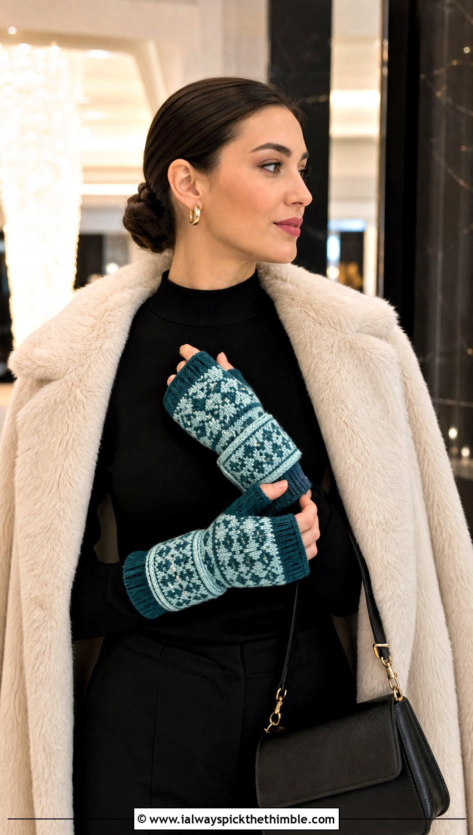 Tapestry Crochet Convertible Gloves With Faux Fur Coat and Trousers - 20 Convertible Crochet Gloves outfit ideas