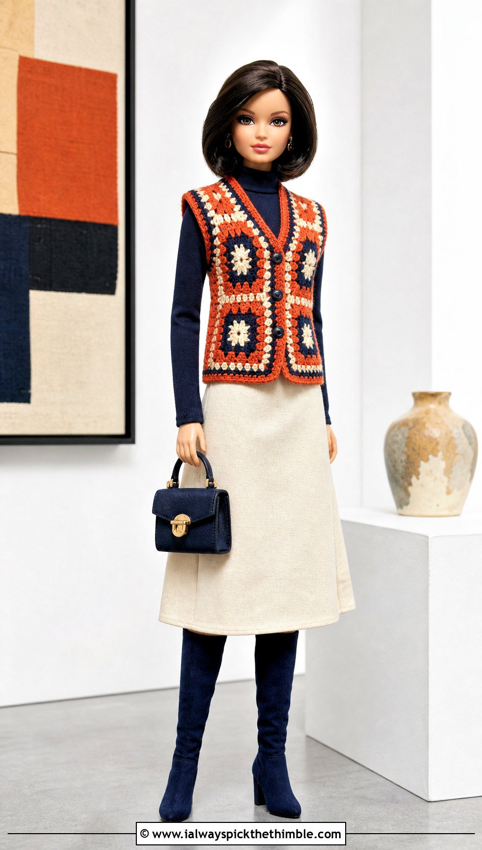 Tapestry Crochet Doll Vest With Midi Skirt - 20 crochet doll vest outfit ideas