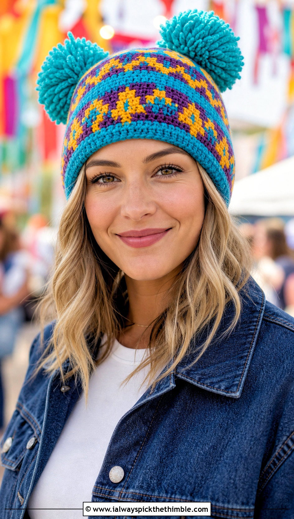 Tapestry Crochet Double Pom Pom Hat With Western Jacket - 20 Crochet Hat With Two Pom Poms outfit ideas