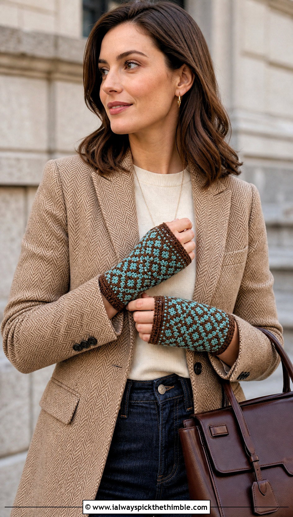 Tapestry Crochet Fingerless Gloves With Blazer And Jeans - 20 finger less crochet gloves outfit ideas