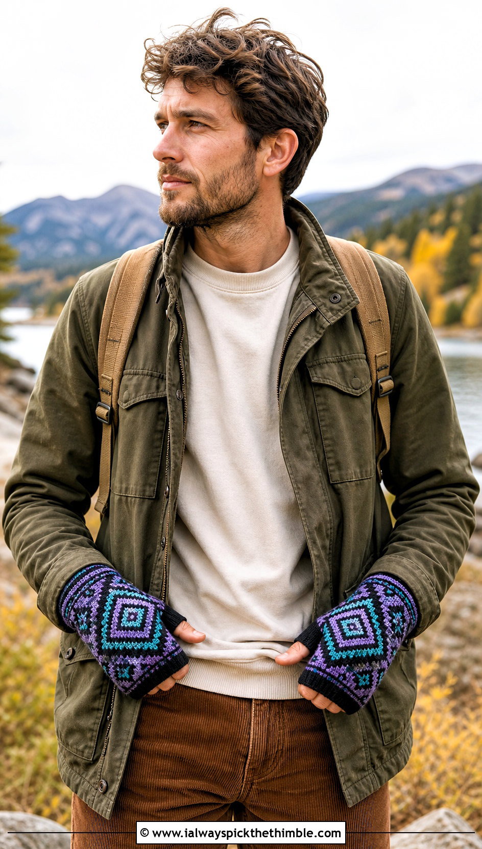 Tapestry Crochet Fingerless Gloves With Field Jacket - 20 Crochet Mens Fingerless Gloves outfit ideas