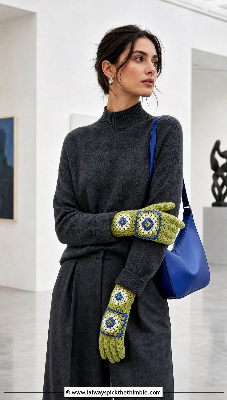 Tapestry Crochet Gloves With Minimalist Separates - 25 crochet gloves outfit ideas
