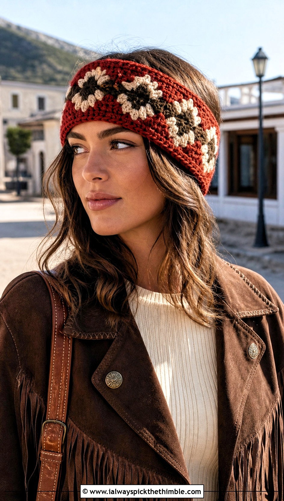 Tapestry Crochet Headband Ear Warmer With Western Jacket - 20 Crochet Headband Ear Warmers outfit ideas