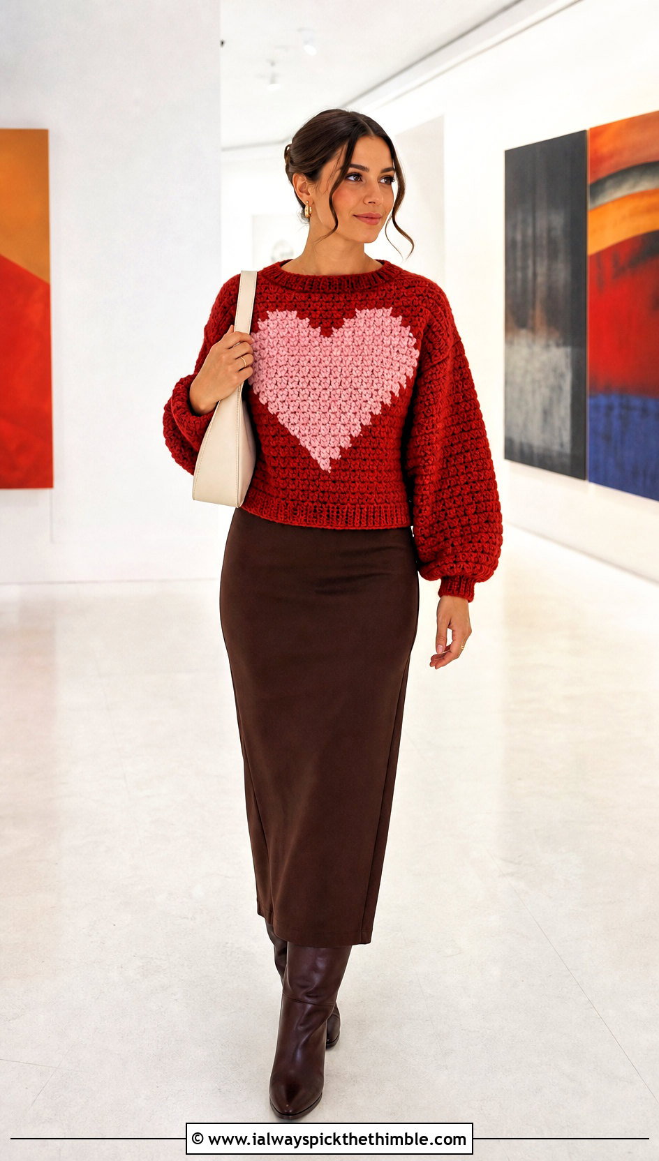 Tapestry Crochet Heart Sweater With Column Skirt - 25 crochet heart sweater outfit ideas