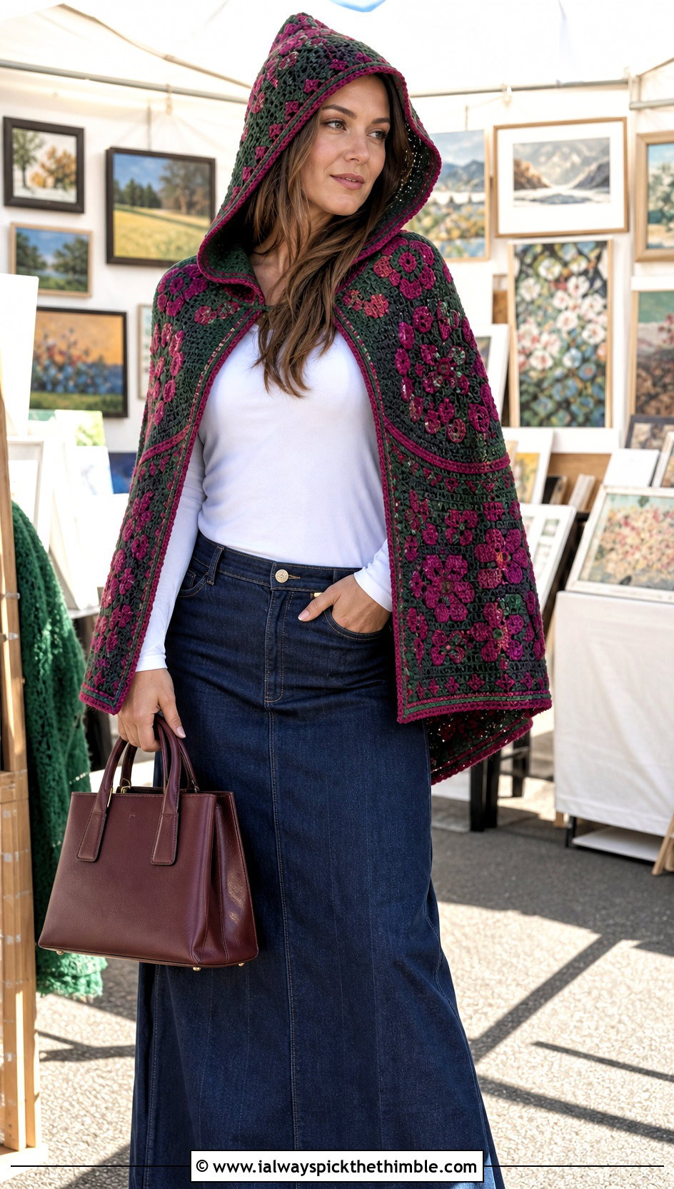 Tapestry Crochet Hooded Shawl With Long Denim Skirt - 25 crochet hooded shawl outfit ideas