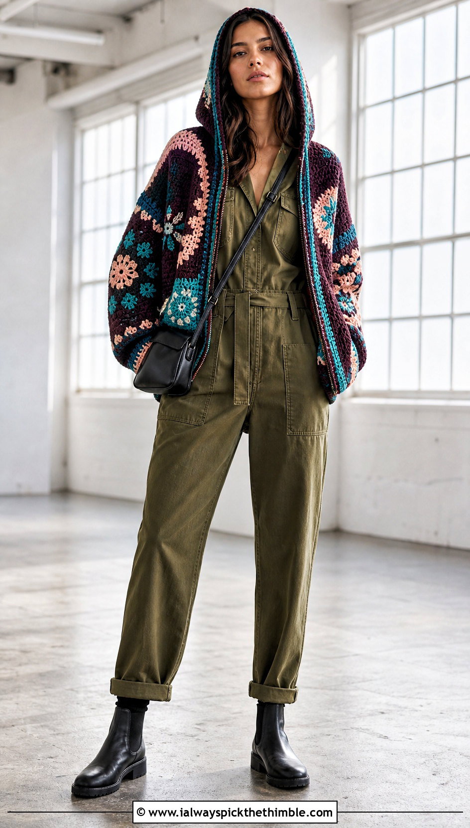 Tapestry Crochet Hoodie With Utility Jumpsuit - 25 crochet hoodie outfit ideas