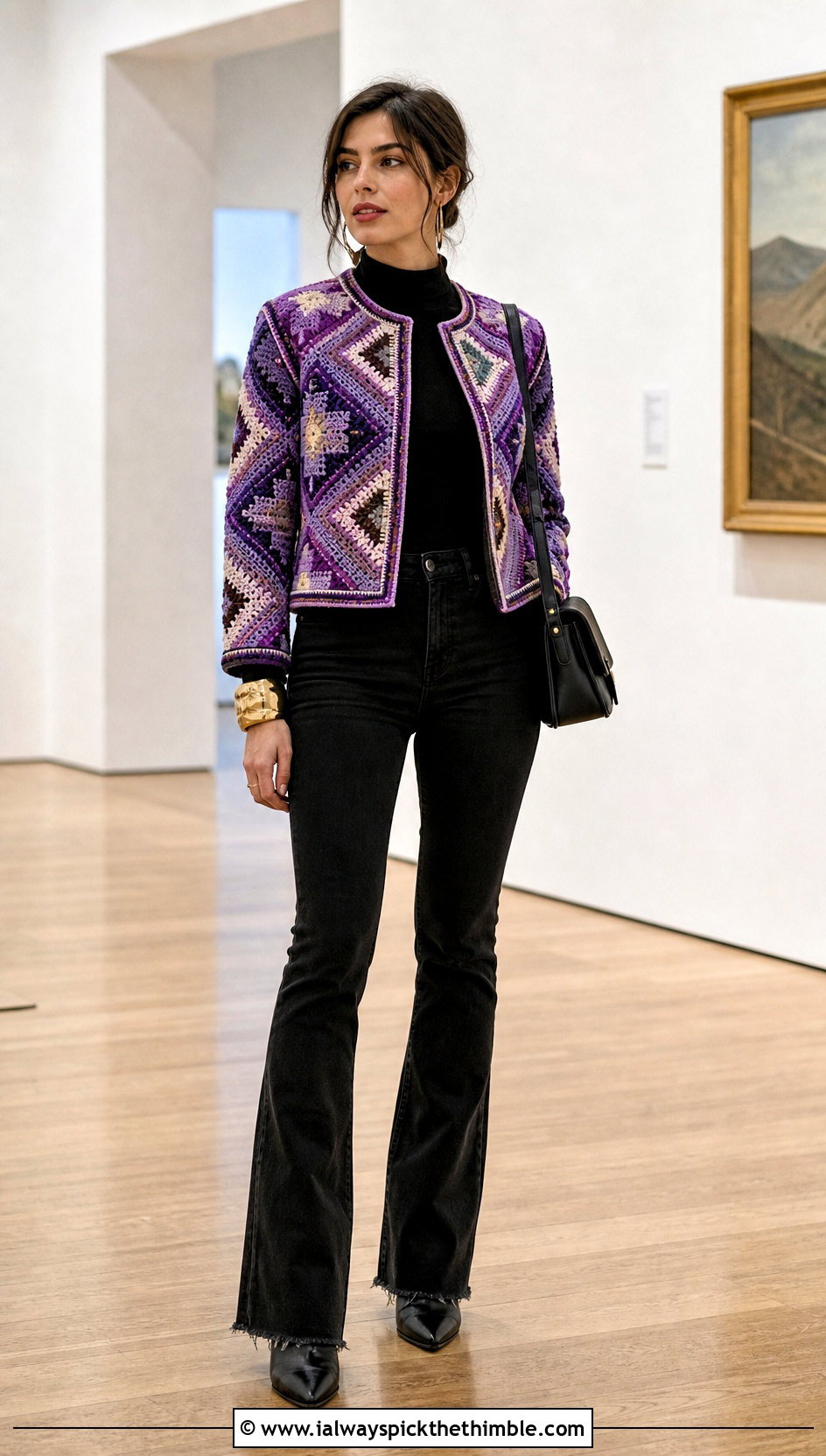 Tapestry Crochet Jacket With Black Denim - 20 Crochet Ladies Jacket outfit ideas