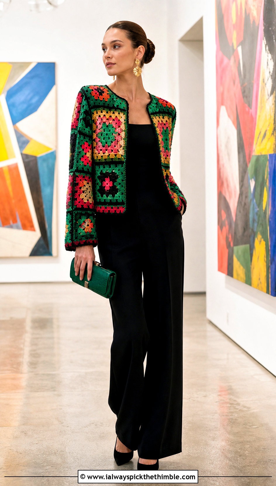 Tapestry Crochet Jacket With Black Jumpsuit - 25 crocheted jacket outfit ideas