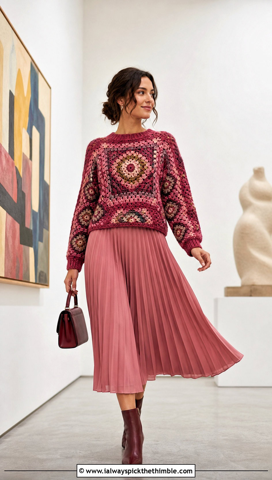 Tapestry Crochet Jumper With Pleated Midi Skirt - 20 Cute Crochet Jumper outfit ideas